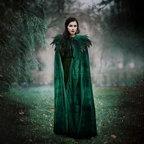 Women Feather Collar Velvet Cloak Vampire Cape Witch Queen Cosplay Costume - Picture 4 of 7